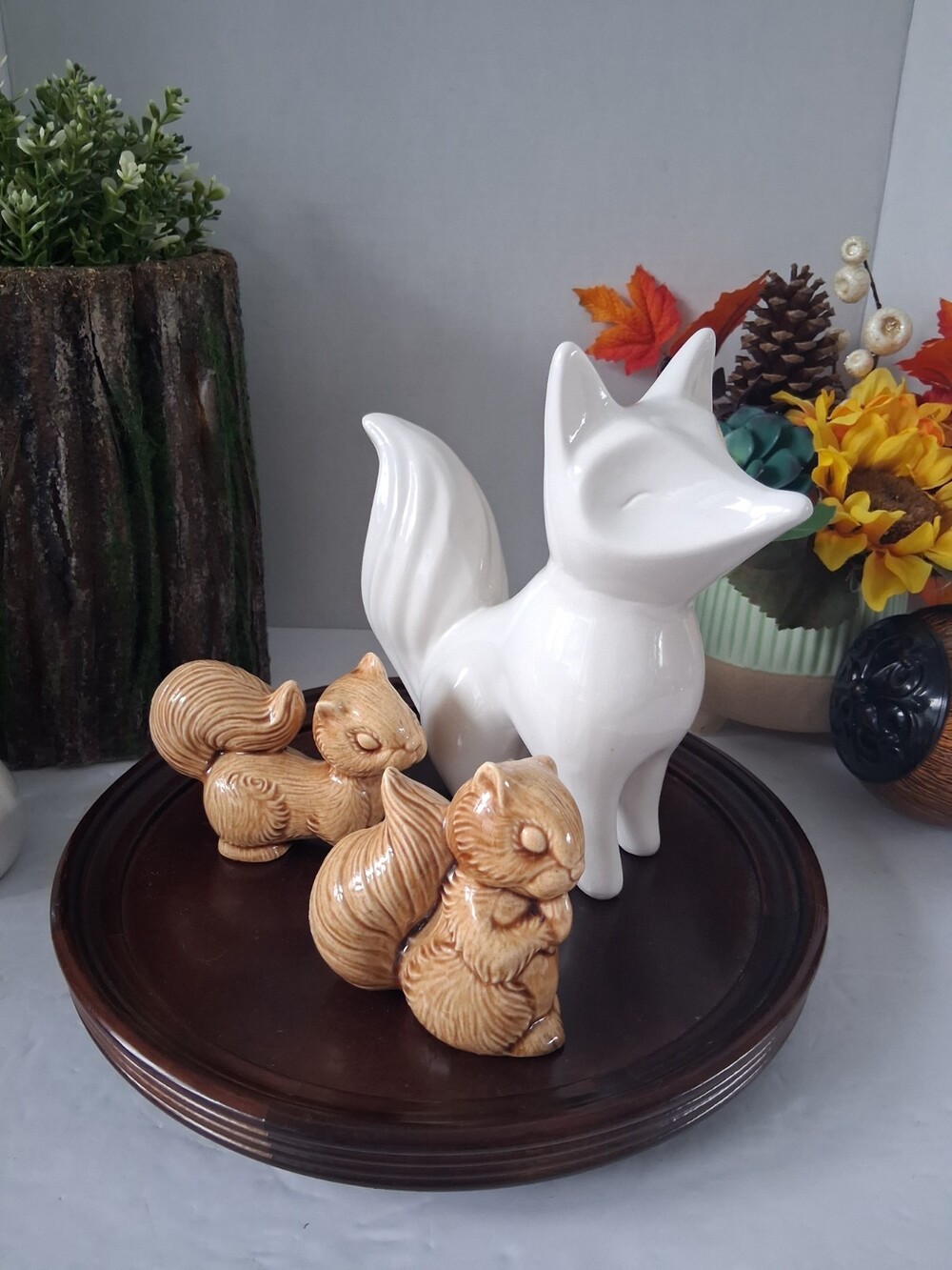 Vintage Ceramic Squirrel Figurine Pair & Modern White Fox Statue Woodland Decor